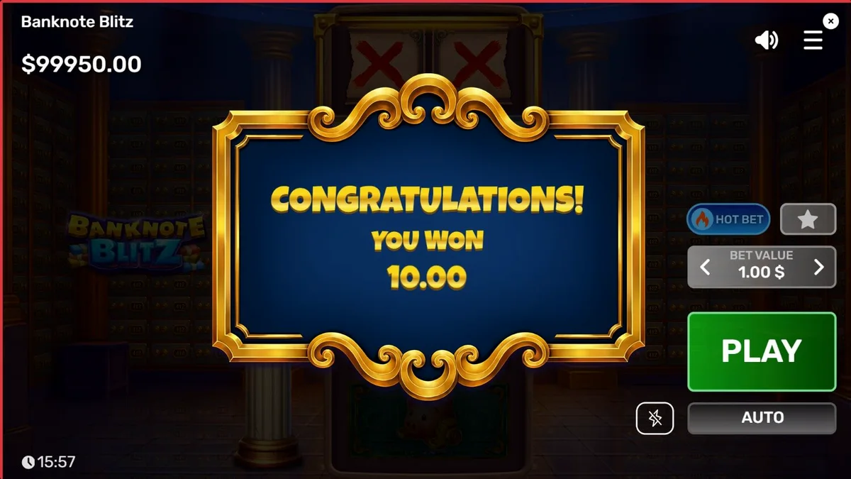 Interface de jogo do slot Banknote Blitz com cofre de luxo e notas bancárias