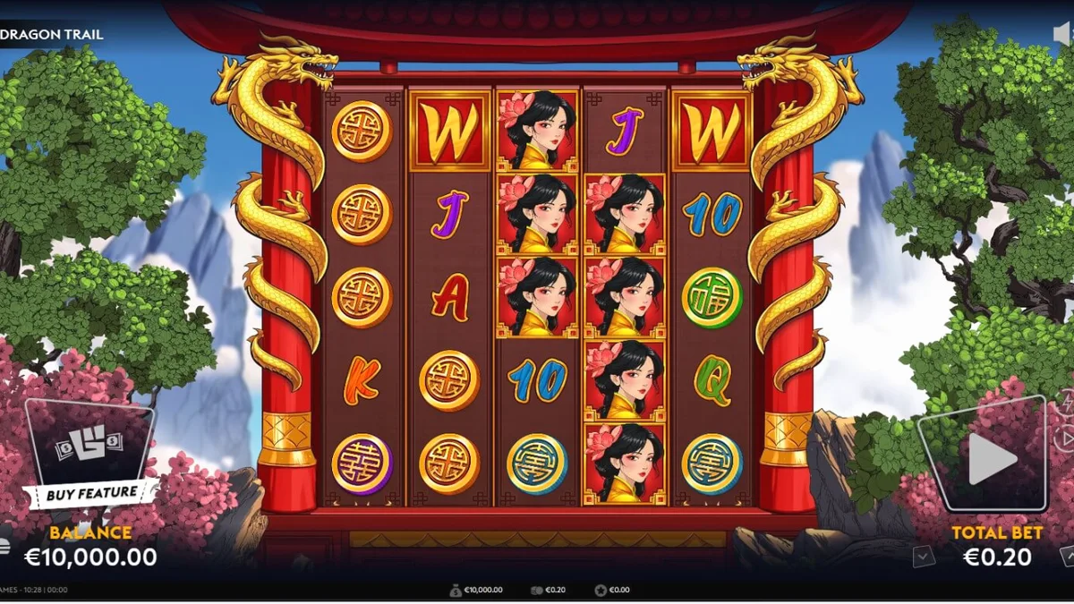 Interface do jogo de slot Dragon Trail com dragões dourados e moedas